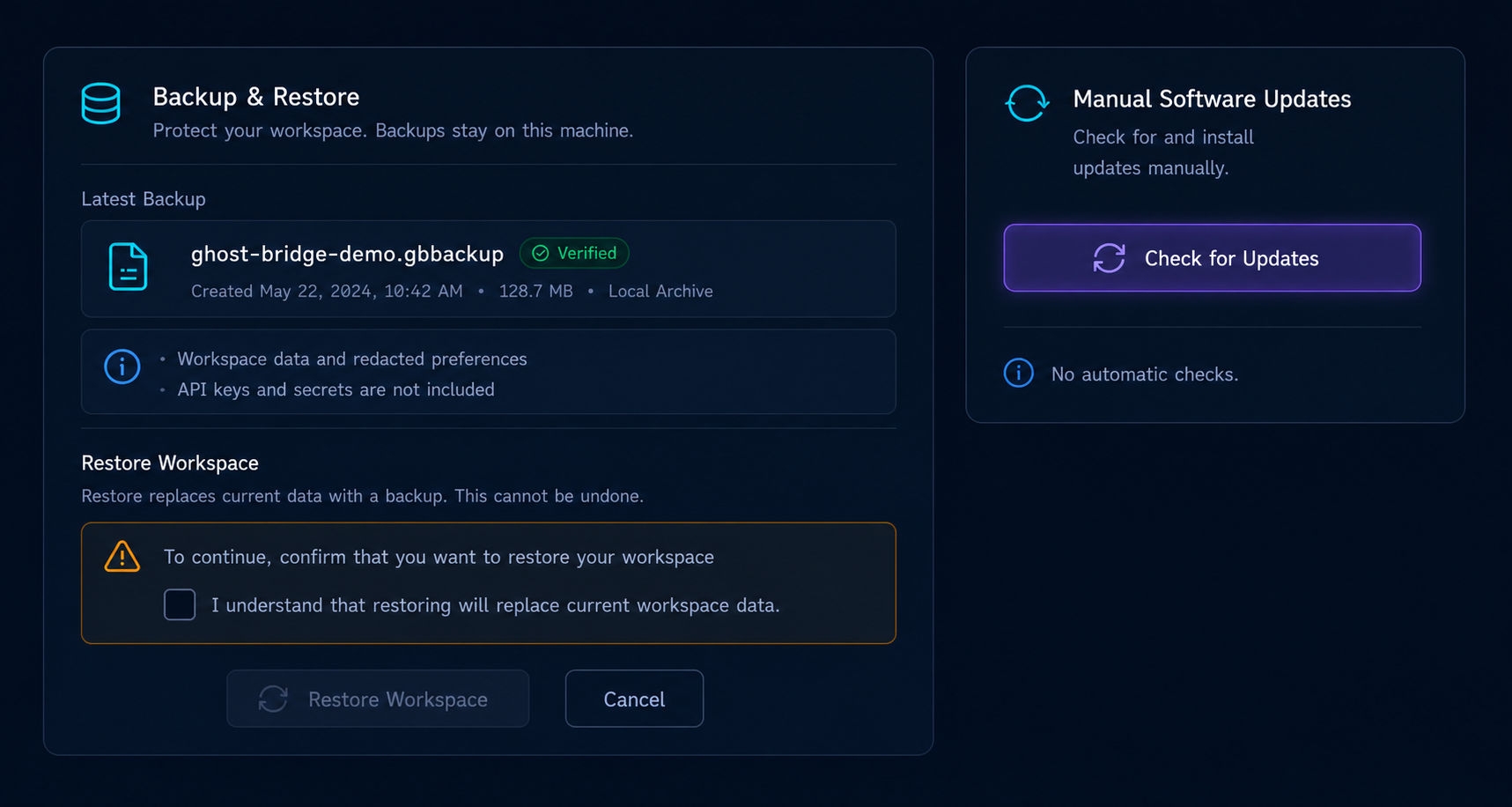 Illustrative preview of Ghost Bridge backup, restore, and update checks