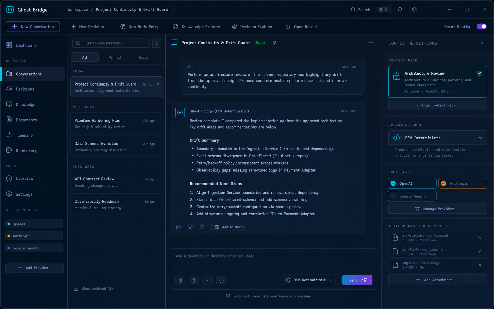 Illustrative preview of Ghost Bridge conversations, Context Packs, and Prompt Profiles