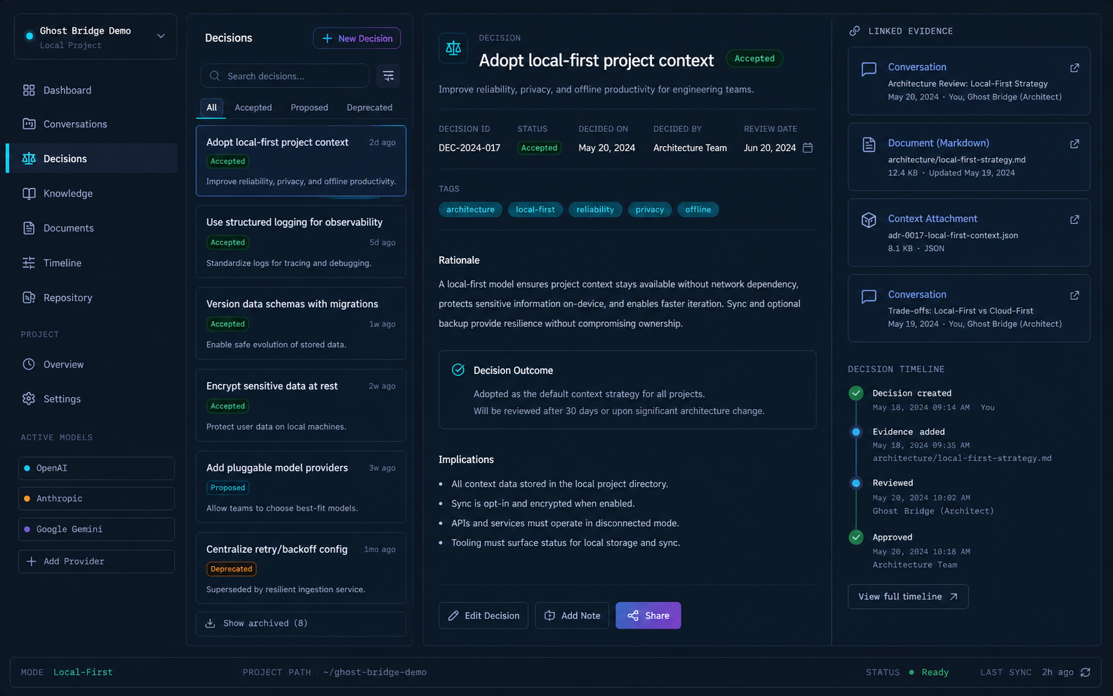 Illustrative preview of Ghost Bridge decisions and linked evidence