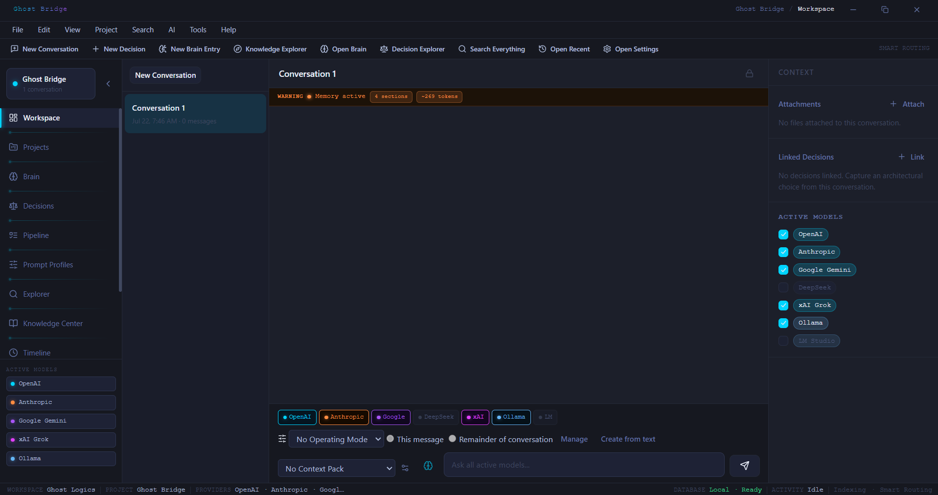 Ghost Bridge desktop workspace showing conversations, project context, active AI providers, Prompt Profiles, and Context Packs.