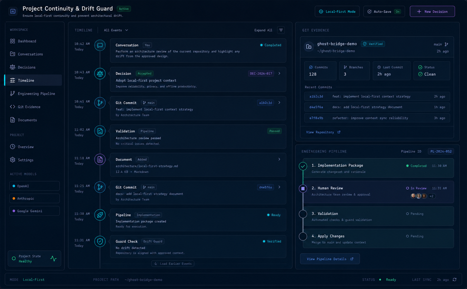 Illustrative preview of Ghost Bridge timeline, Git evidence, and engineering pipeline