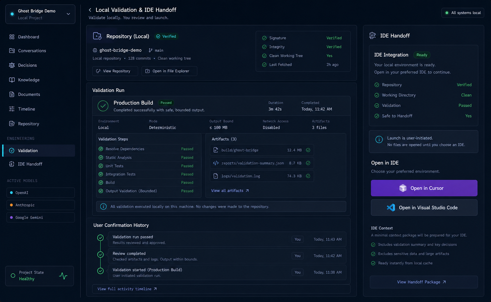 Illustrative preview of Ghost Bridge local validation and IDE handoff