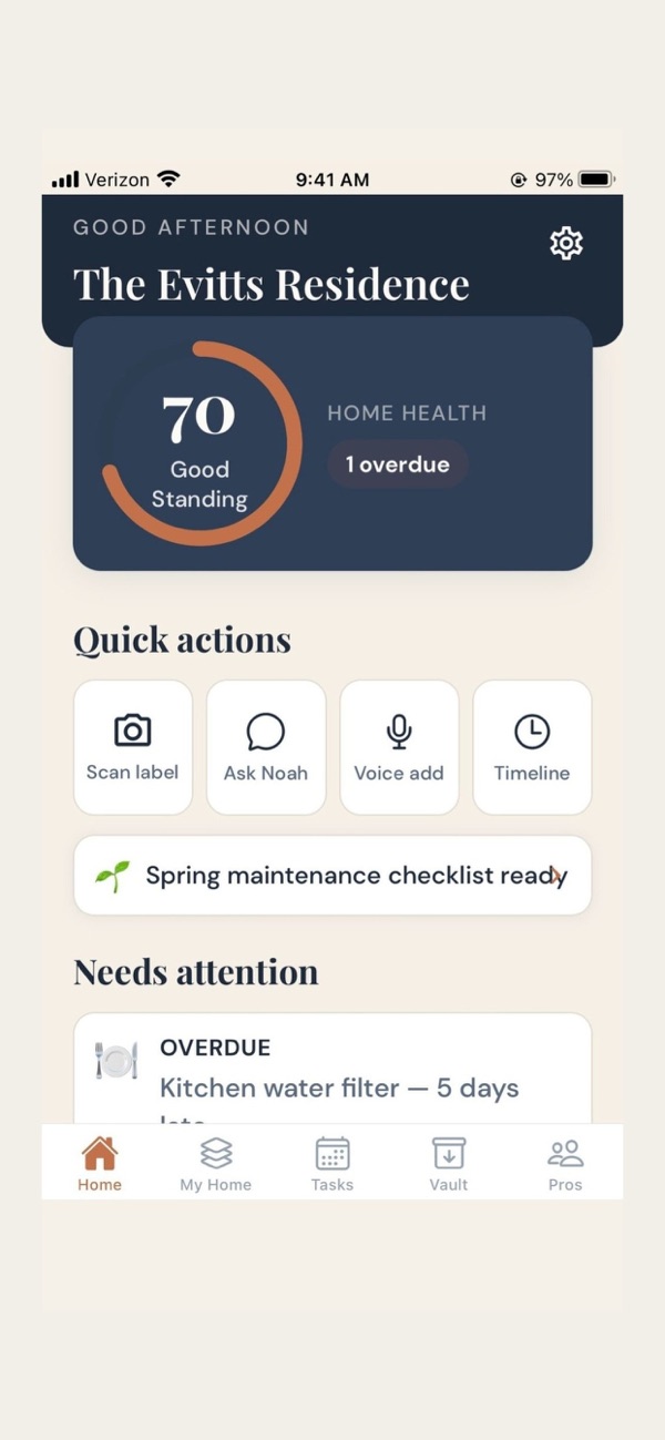 Noah360 home screen on iPhone — privacy-first home tracking