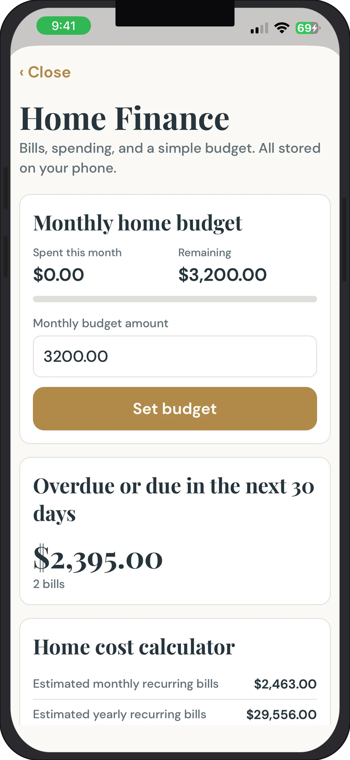 Noah360 redesigned bills and budgets together screen