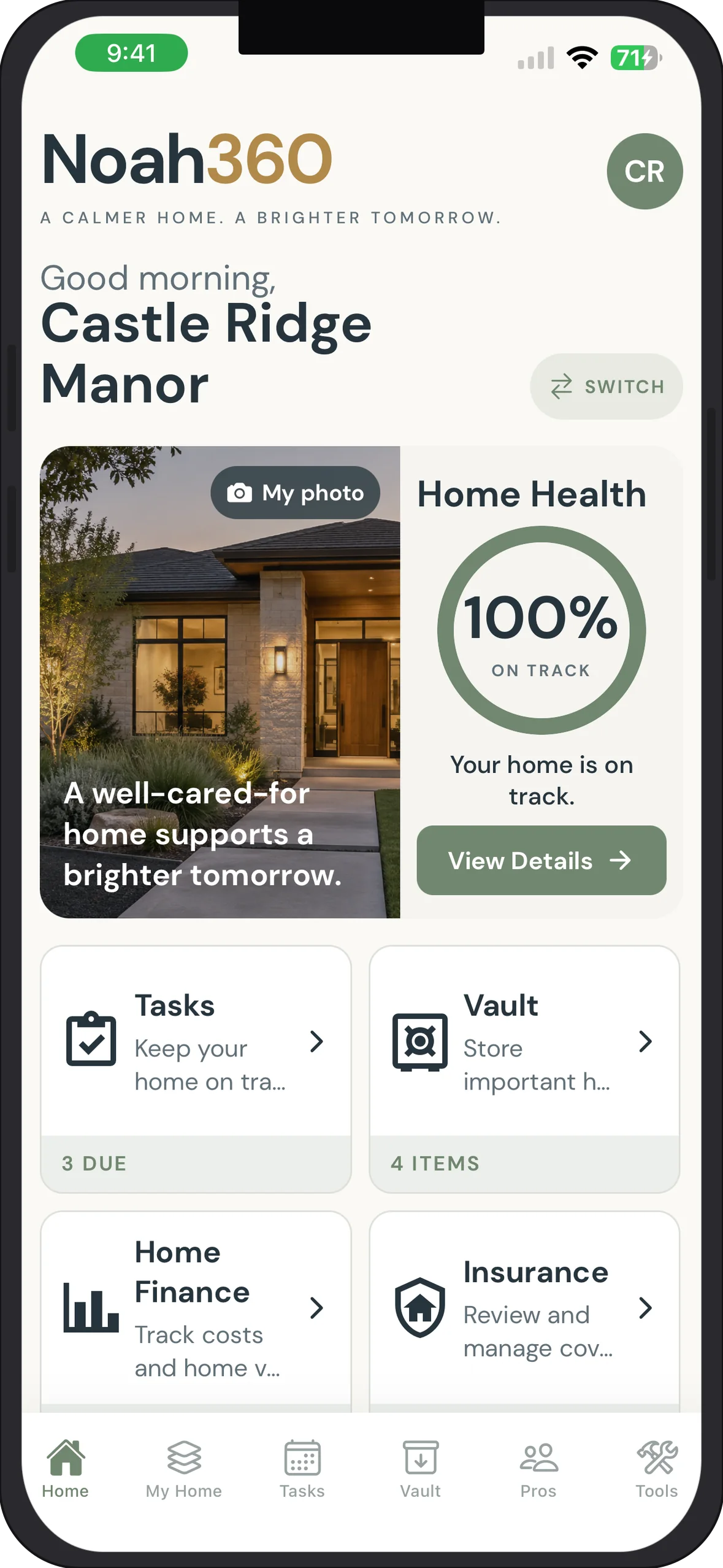 Noah360 redesigned a calmer home dashboard screen