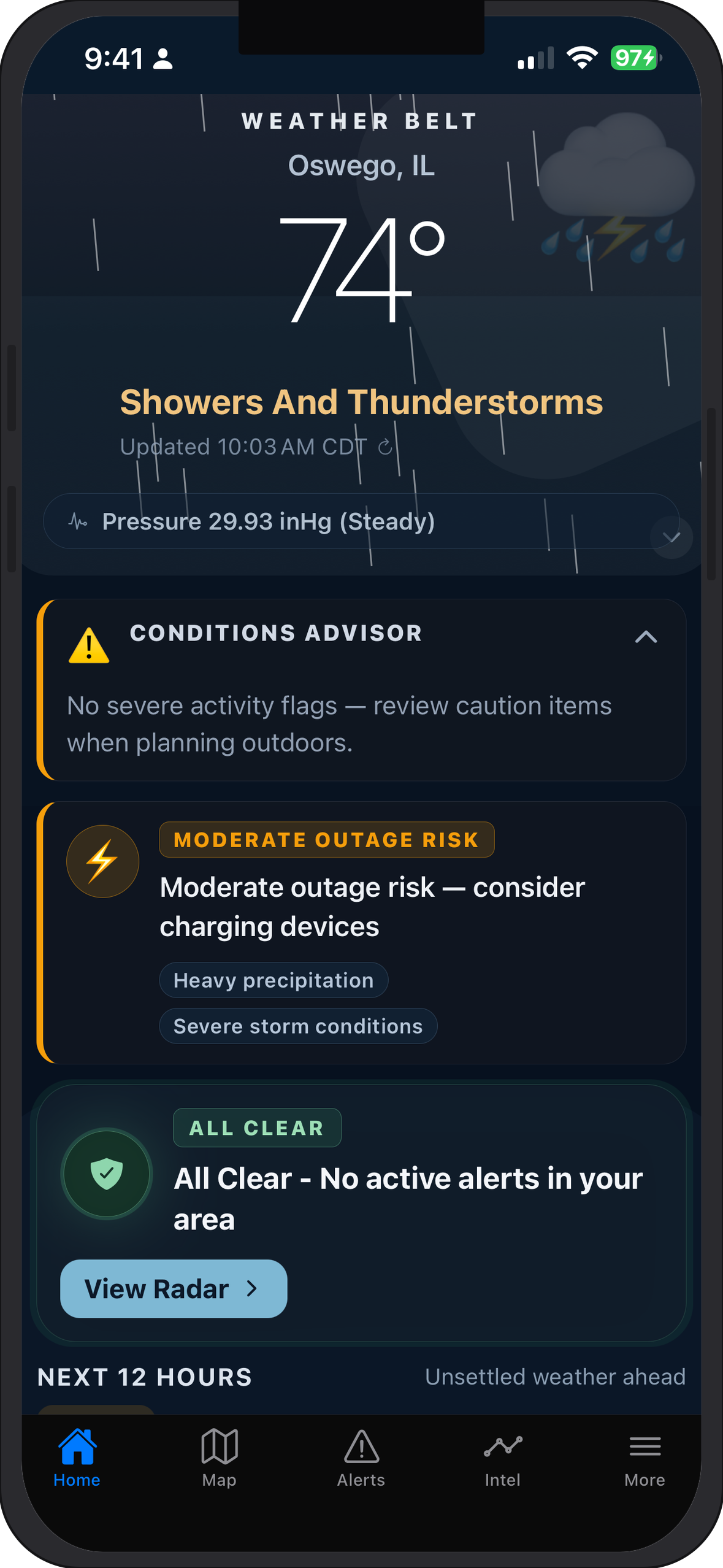 Weather Belt home screen with live storm conditions