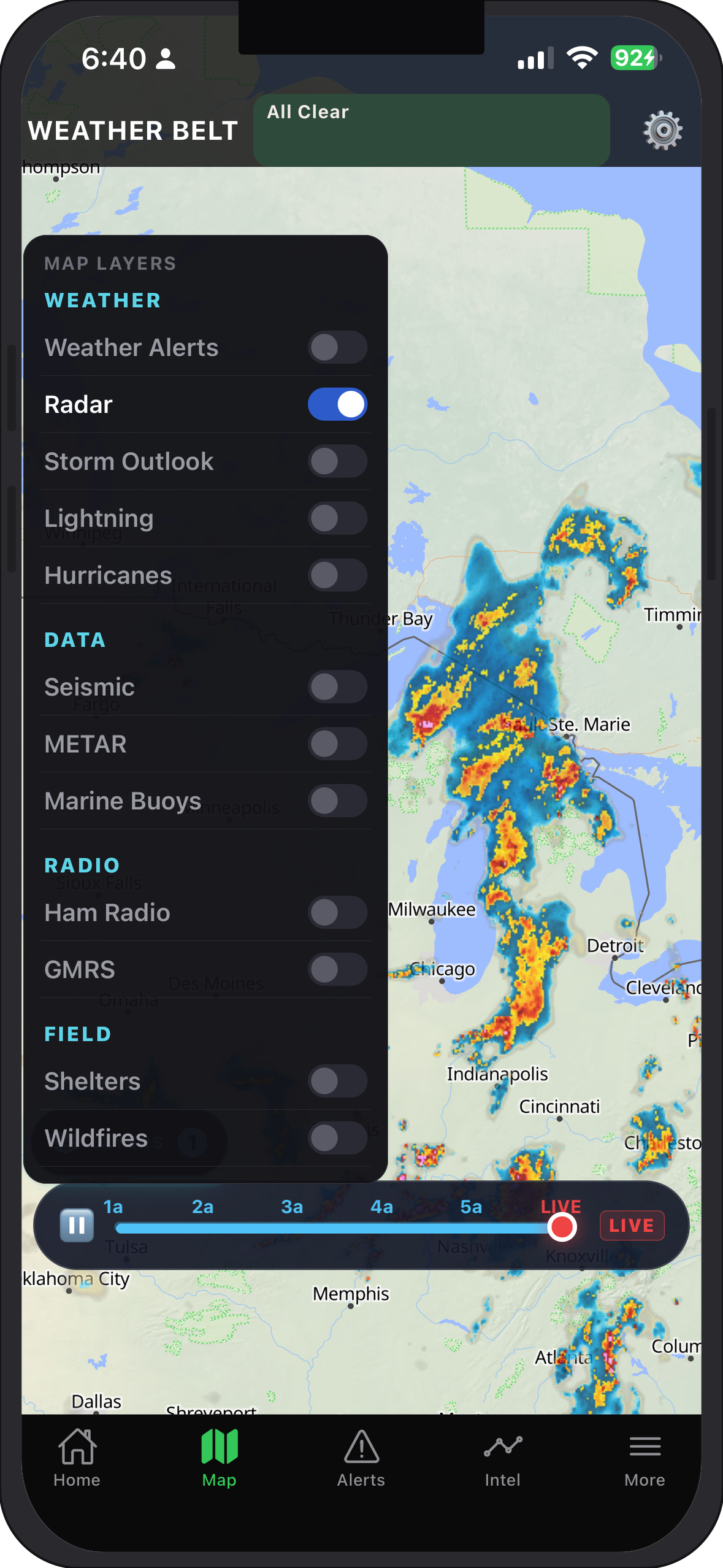 Weather Belt map layers panel
