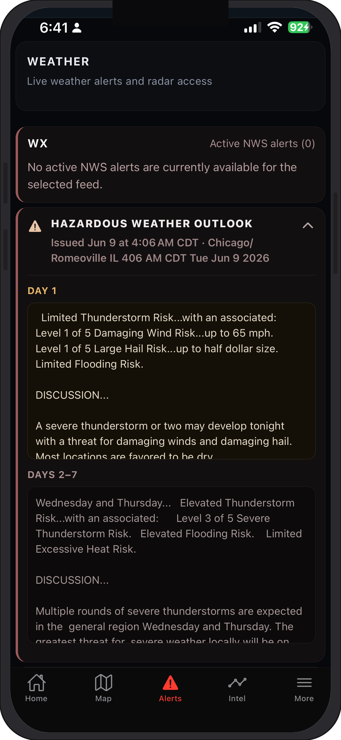 Weather Belt alerts tab