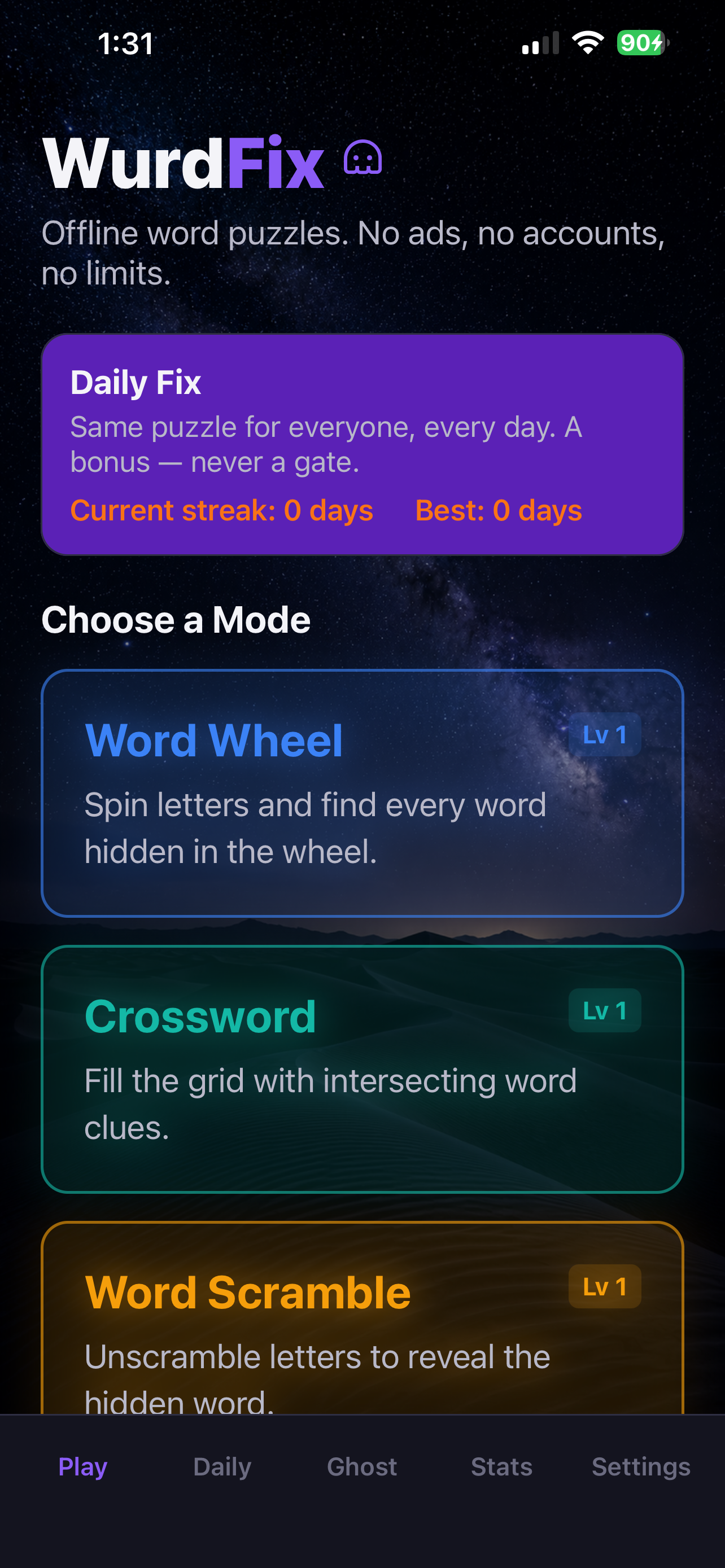 Wurd Fix home screen — Word Wheel, Crossword, and Word Scramble